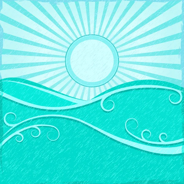 Фон с морской волной и голубым солнцем — стоковый вектор