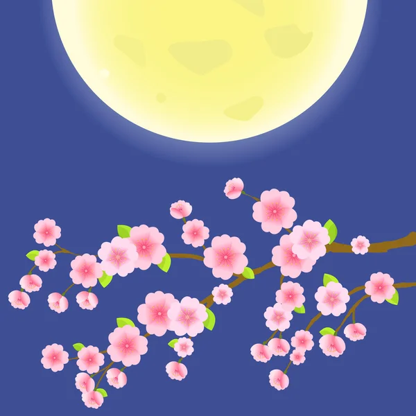 黄色い月が付いている空に桜の木 — ストックベクタ