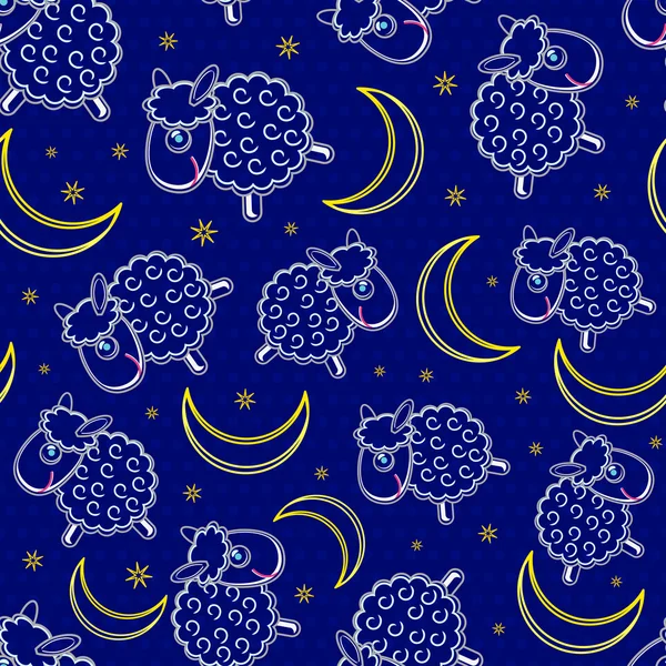 Cute Sheep Silhouettes at Night Seamless Pattern — Stock Vector