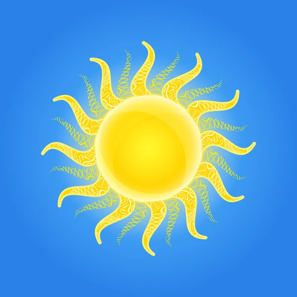 Glanzende zon pictogram met patroon sieraad op balken — Stockvector