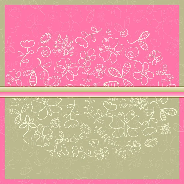 Tarjeta de felicitación rosa con flor y mariposa — Archivo Imágenes Vectoriales