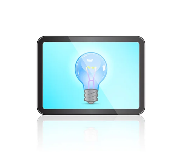 Moderní tablet s žárovkou na světle modré obrazovce — Stockový vektor