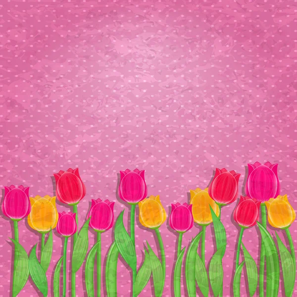 Flor de tulipa amarela e vermelha no papel de parede rosa antigo — Vetor de Stock