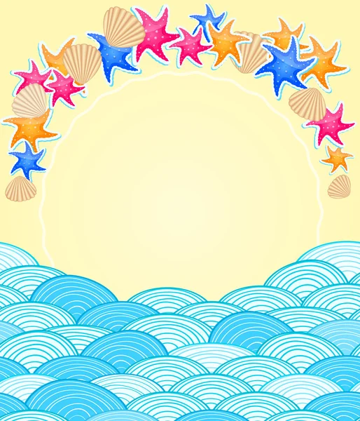 Coquilles et étoiles de mer sur la plage de sable jaune — Image vectorielle