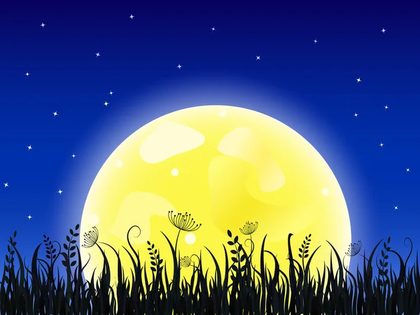 巨大的黄色月亮与草草甸 — 图库矢量图片