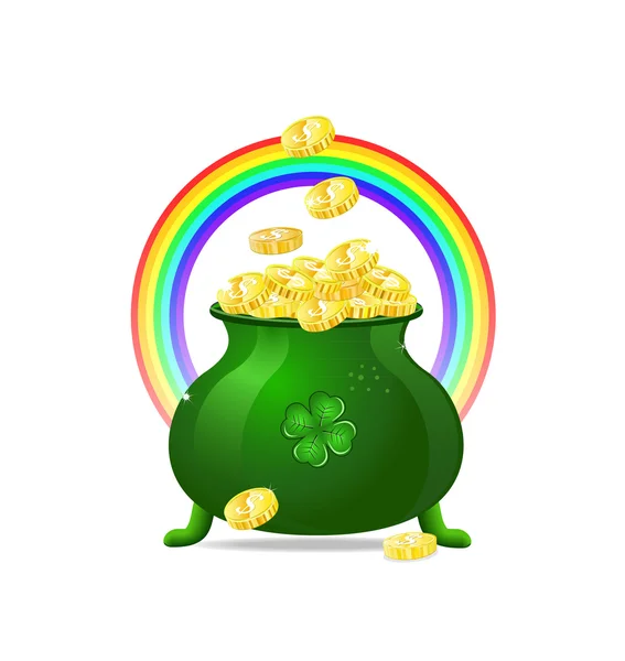 Groene ketel icoon met gouden munten en regenboog — Stockvector