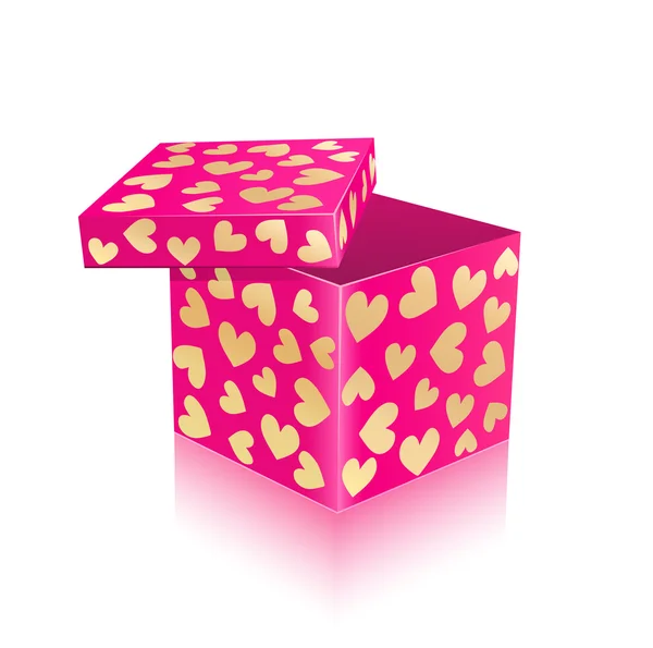 Caixa de presente aberta rosa com corações de ouro —  Vetores de Stock