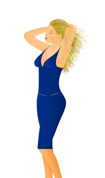 Drömmer blond kvinna i blå klänning — Stock vektor