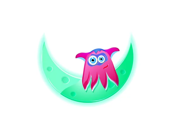 Cute pink monster sitting on the cyan moon — Stock Vector