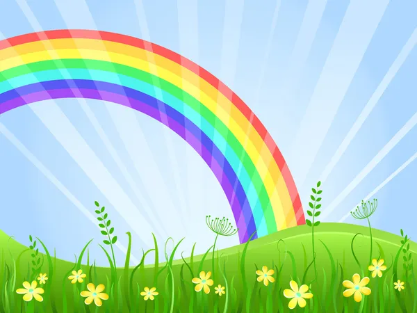 Prado con flores y arco iris — Vector de stock