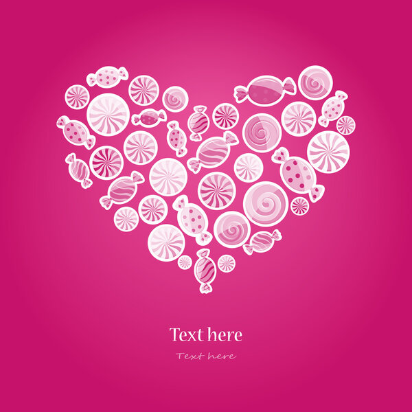 Magenta pattern with candies. Vector illustration in heart shap