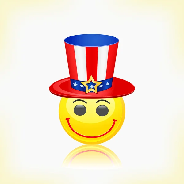Amarillo redondo sonriente cara usando sombrero americano — Vector de stock