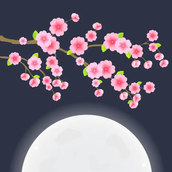 Сакура вишневое дерево в небе с огромной луной — стоковый вектор