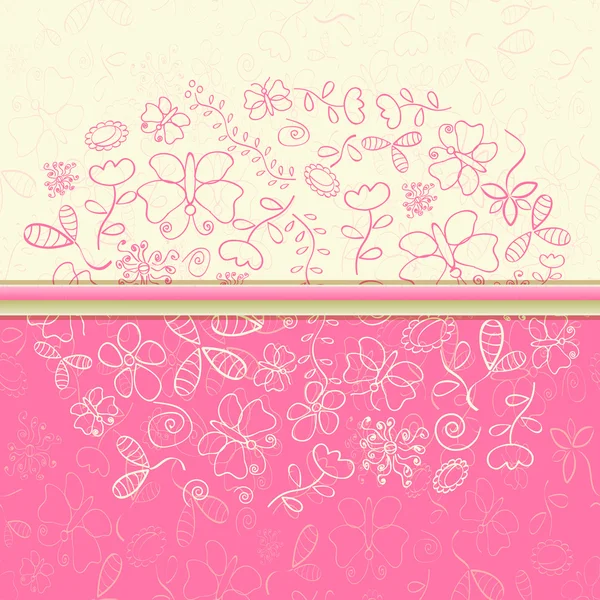 Cartão de saudação rosa com flor e borboleta — Vetor de Stock