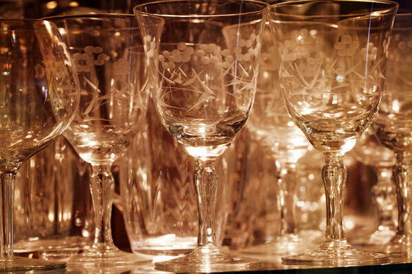 Glassware on Display in Lit Glass Cabinet