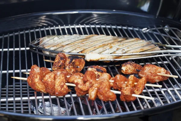 Spiesjes van zwaardvis en kip op de barbecue koken — Stockfoto