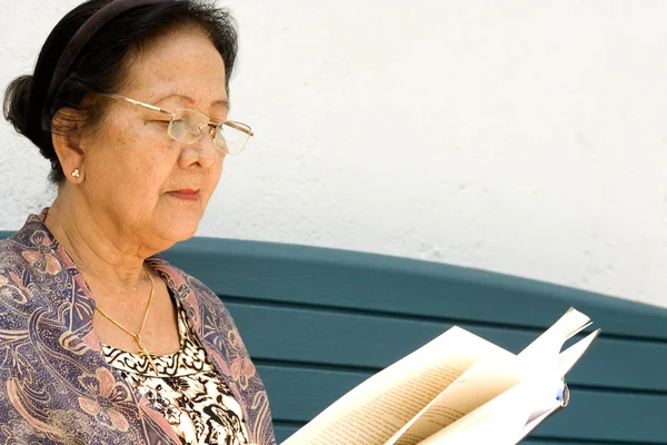 Mulher idosa ler um livro ao ar livre — Fotografia de Stock