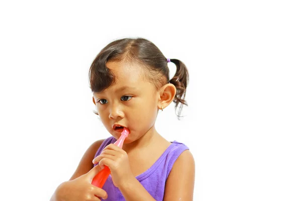 Asian little girl drink ice syrup — Stock Photo, Image