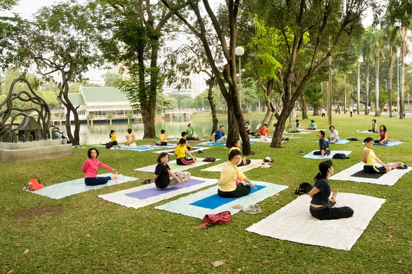Pratica di yoga di gruppo nel parco — Foto Stock