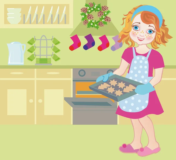 Un enfant à Noël de l'Avent pour la cuisson des biscuits — Image vectorielle