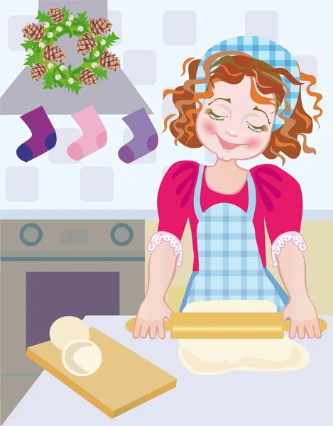 Ein Kind an Weihnachten Advent beim Cookies Backen — Stockvektor