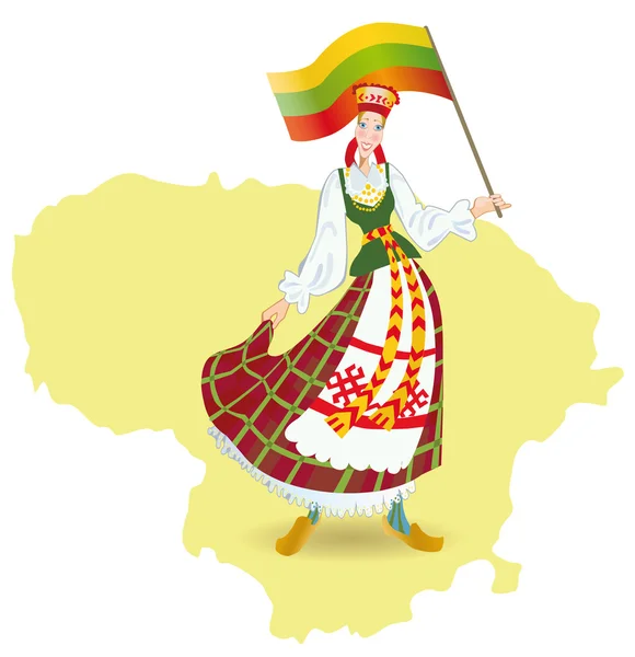 A Lithuanian girl holds a national flag — Stock Vector