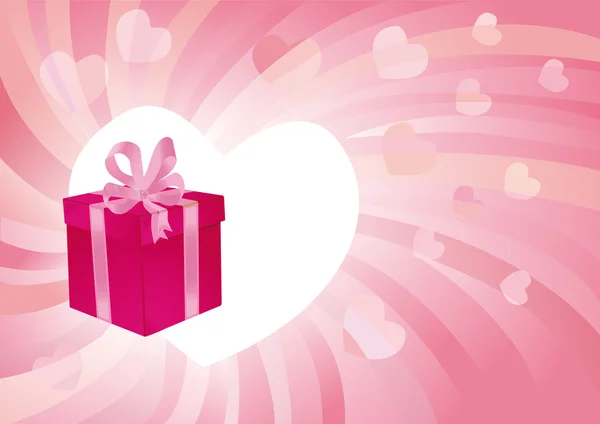 Fondo de San Valentín rosa con corazones y un regalo. — Vector de stock