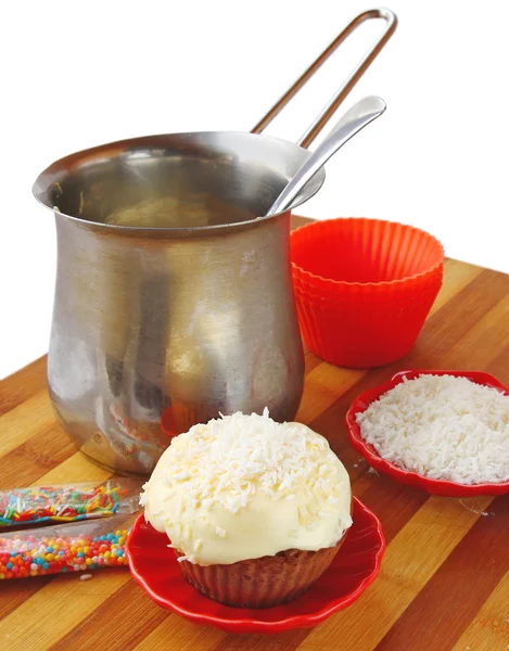 Decoration cupcake cream and coconut shaving — Stock Photo, Image