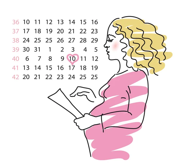 A mulher grávida calcula o dia da nascimentos — Vetor de Stock