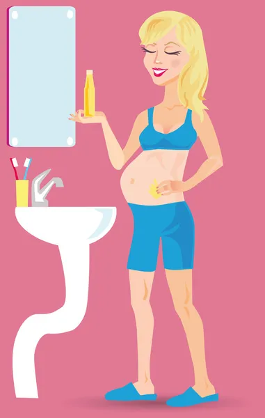 Pregnant woman moisturising belly to avoid stretch marks — Stock Vector