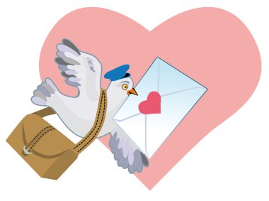 Cartoon vector illustration of a grey bird delivering love lette clipart