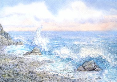 Watercolor seascape. Surf clipart