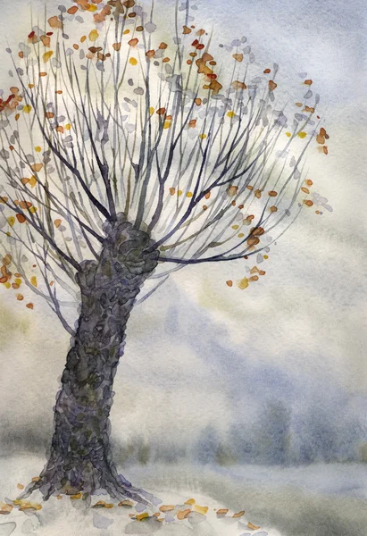 Akvarell téli táj. Régi kidöntött fa, amely új ágakat — Stock Fotó
