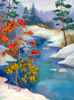 The brook in the winter forest clipart