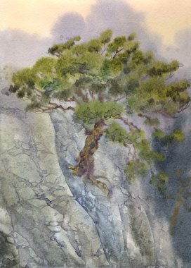 Watercolor landscape. Pine among cliffs clipart