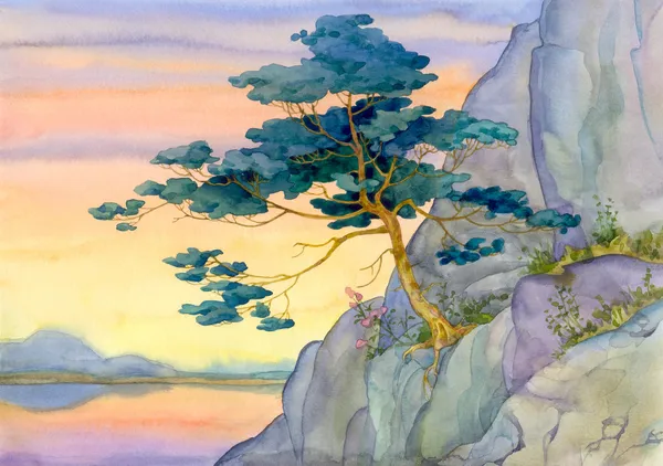 湖安静粉红色日落的山松 — 图库照片