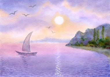 Sailboat on the sea meets the sun clipart