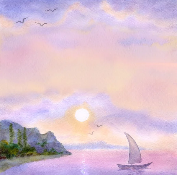 Akvarell bakgrunden med havsutsikt — Stockfoto