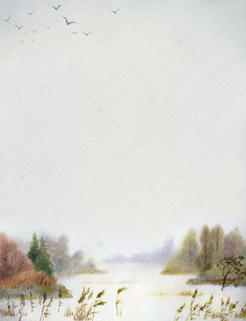 Watercolor background with winter landscape