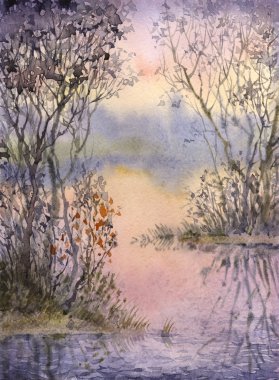Watercolor landscape. Thickets on the islets of a quiet lake clipart