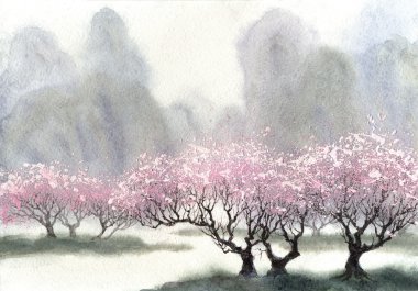 Watercolor landscape. Delicate flowering trees at spring day clipart