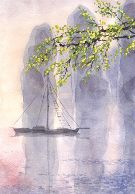 Watercolor landscape. Old castle in a quiet sea in the morning clipart