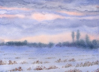 Watercolor landscape.Sunset over the snow-covered steppe clipart