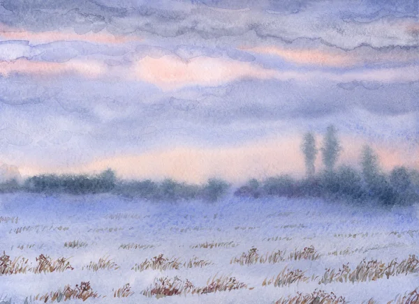 Акварельний пейзаж. Захід сонця над засніженим степом — стокове фото