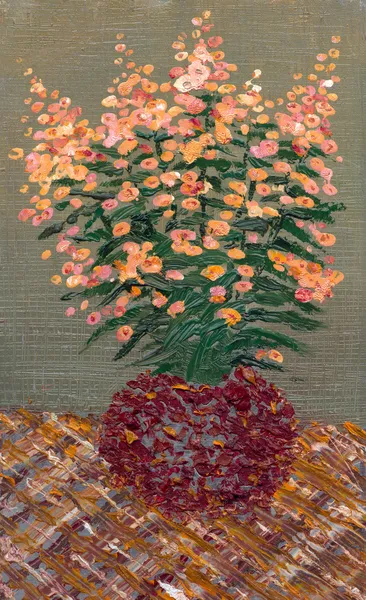 静物オイル。ラウンド花瓶のオレンジ色の花の花束 — ストック写真