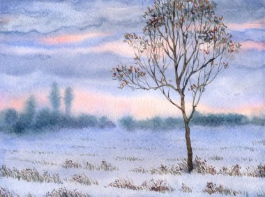 Watercolor landscape. Lonely tree in snow-covered steppe clipart