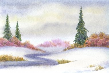 Tall spruce near the creek in snowy field clipart