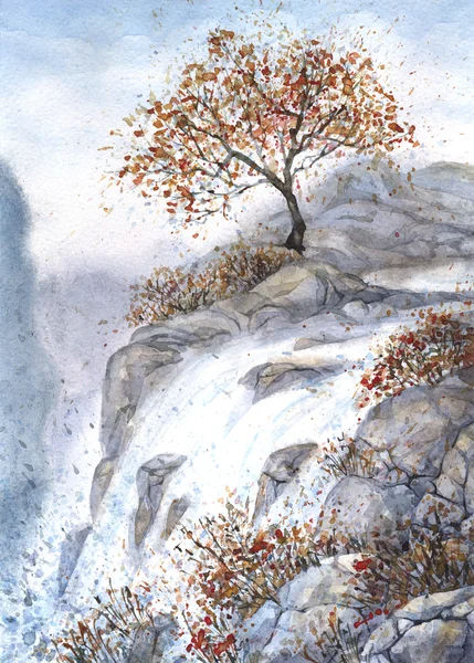 Watercolor landscape. Autumn tree above the turbulent waterfall — Stock Photo, Image