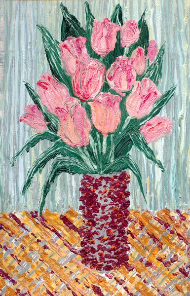 Oil painting. Bouquet of pink tulips in vase — Stock Photo, Image