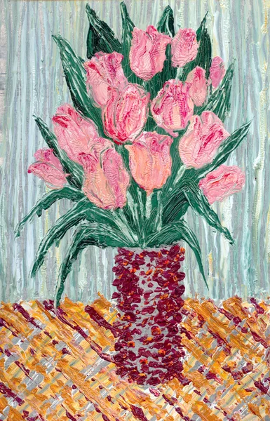 stock image Oil painting. Bouquet of pink tulips in vase